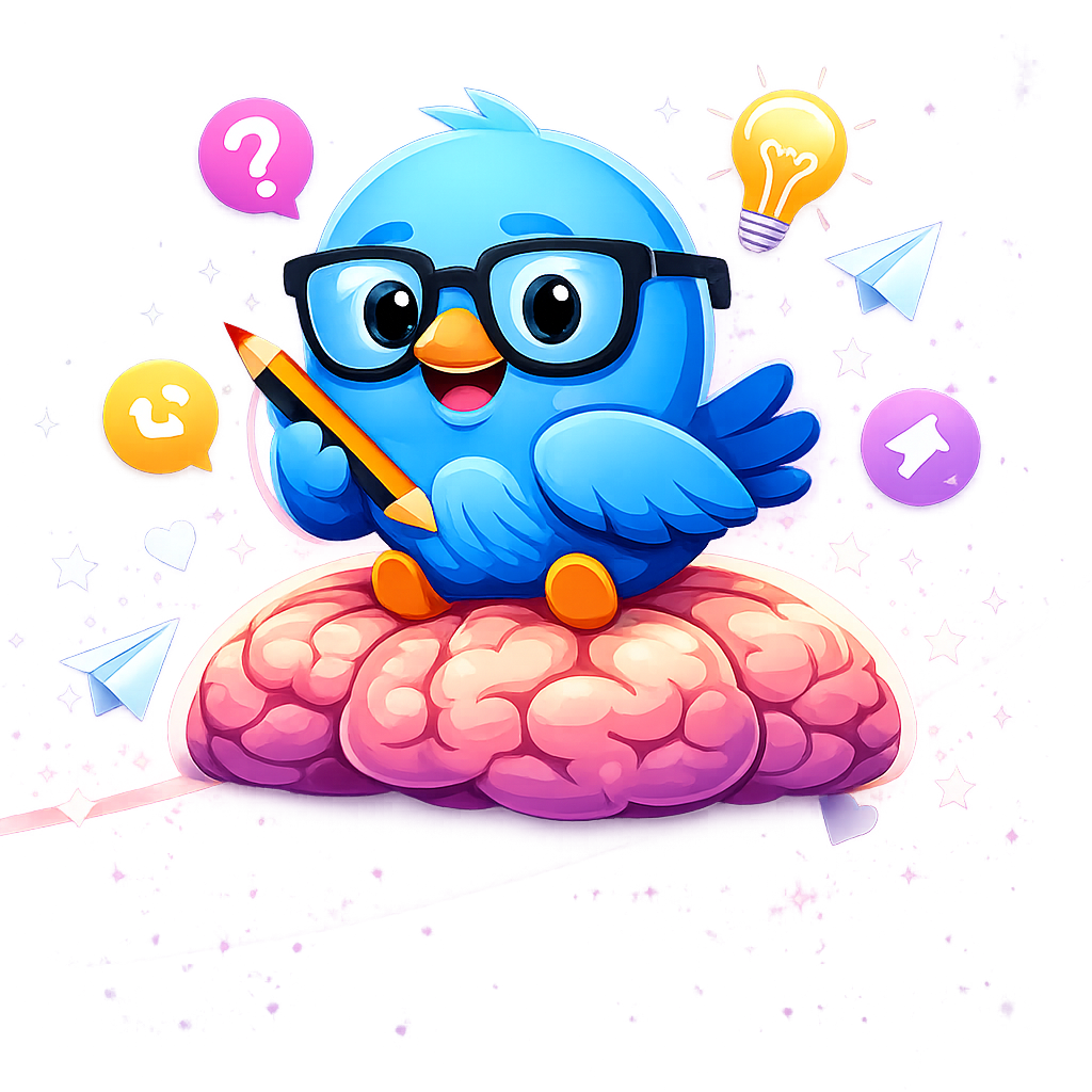 Twitter IQ Checker mascot - blue bird with glasses sitting on a brain